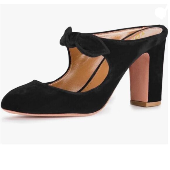 YDN Black Retro Bow Chunky Heel Mules Round Toe Slip on Sandals Silde Work Shoes - Picture 1 of 8
